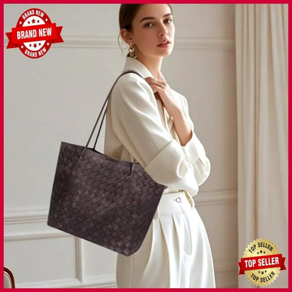 Large Woven Leather Tote Bag with Bonus Pouch, Spacious Work Handbag
